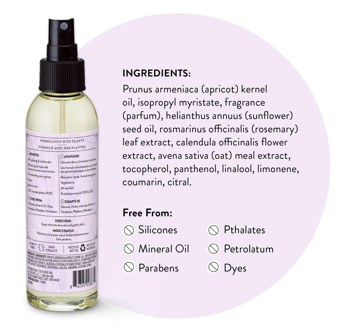 Bathroom setting with J.R. Watkins Lavender Body Oil Mist ready to use.