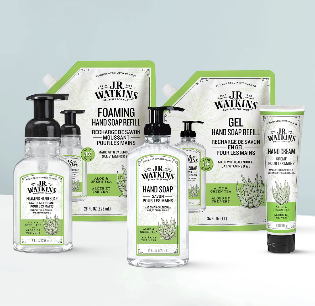 J.R. Watkins bottle being refilled with Aloe Green Tea for fresh hands.