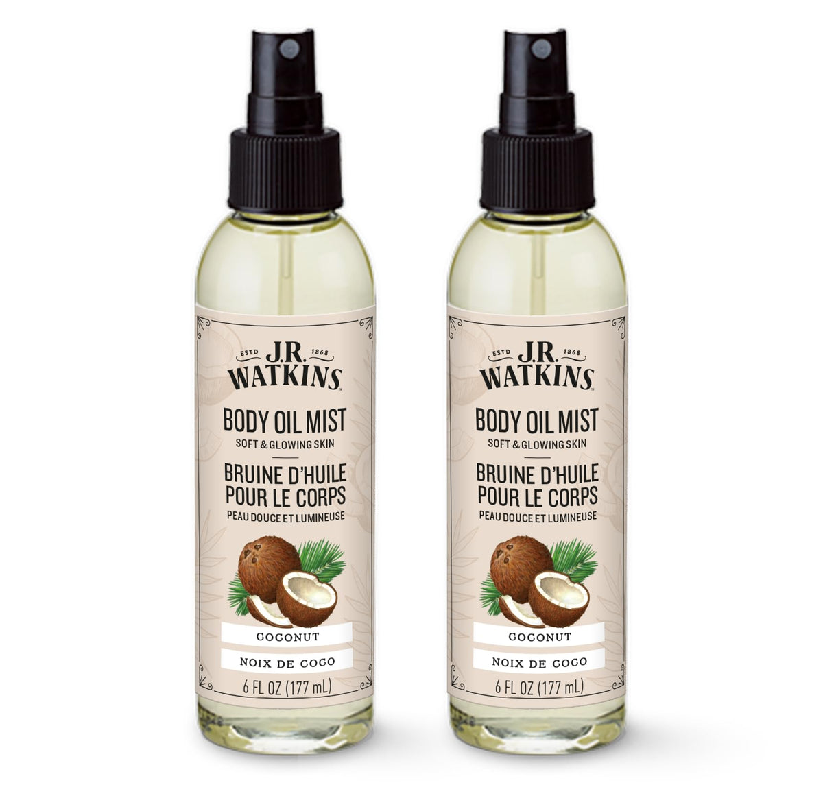 J.R. Watkins Coconut Body Oil Mist bottle front view for radiant skin