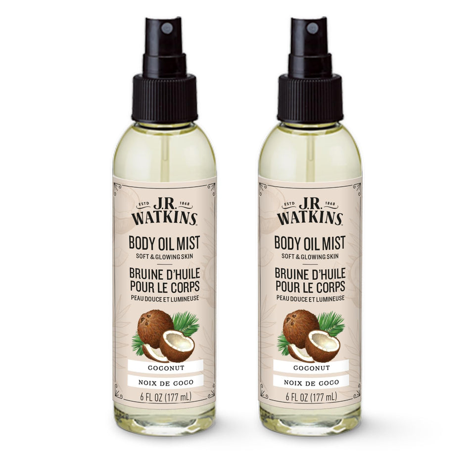 J.R. Watkins Coconut Body Oil Mist bottle front view for radiant skin