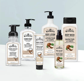 J.R. Watkins Coconut Body Oil Mist label close-up, clean ingredients