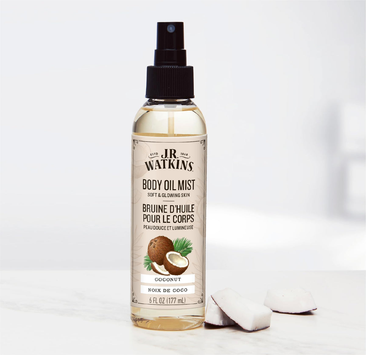J.R. Watkins Coconut Body Oil Mist absorbed into skin for smoothness