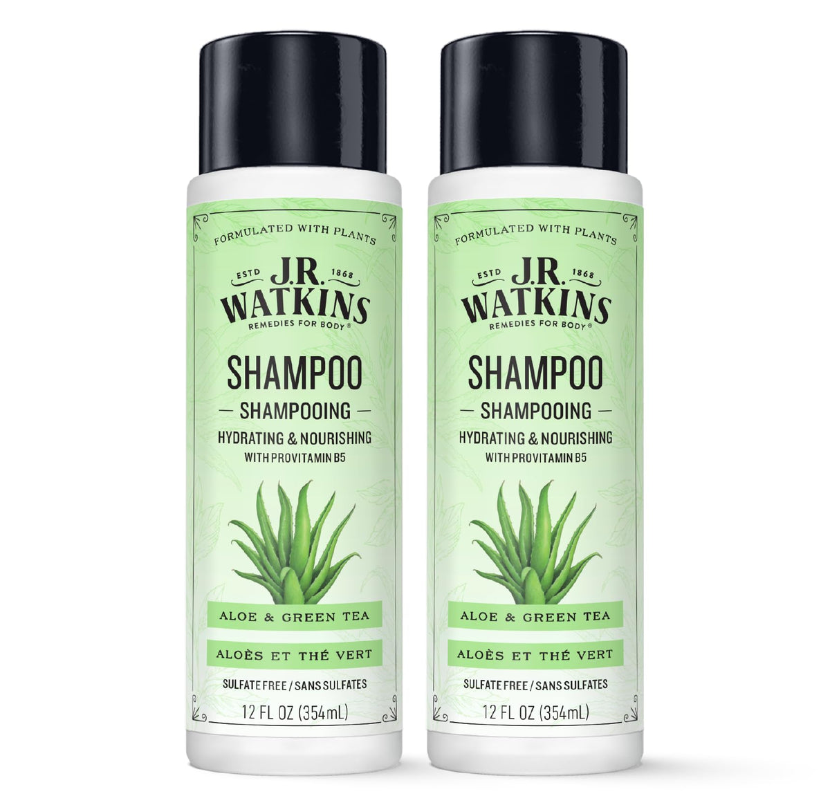 J.R. Watkins Daily Hydration Shampoo Aloe and Green Tea bottle hydrates hair