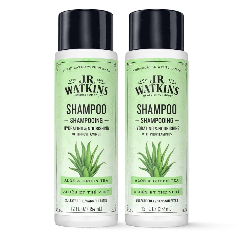 J.R. Watkins Daily Hydration Shampoo Aloe and Green Tea bottle hydrates hair
