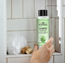 Leaping Bunny cruelty-free seal on J.R. Watkins shampoo packaging