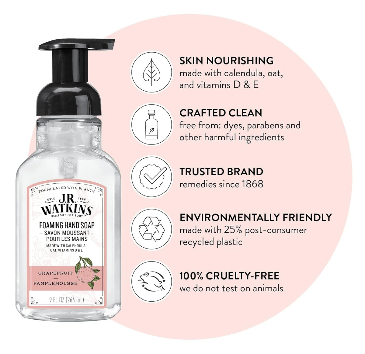 J.R. Watkins foam close-up shows airy lather for quick hand washing.