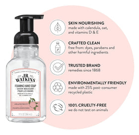 J.R. Watkins foam close-up shows airy lather for quick hand washing.