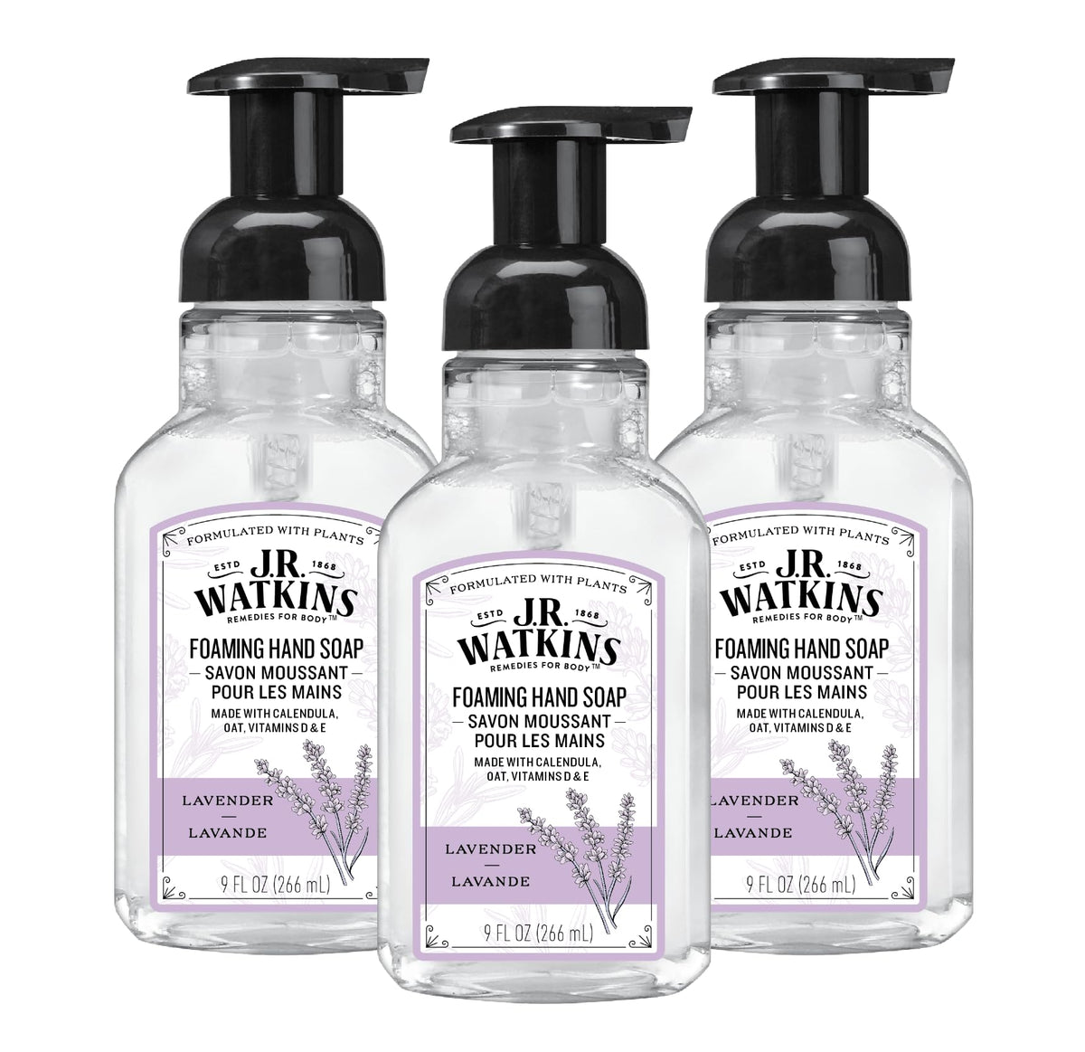 J.R. Watkins foaming hand soap with pump dispenser for gentle cleansing.