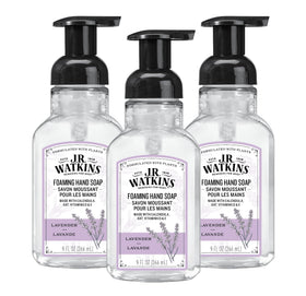 J.R. Watkins foaming hand soap with pump dispenser for gentle cleansing.