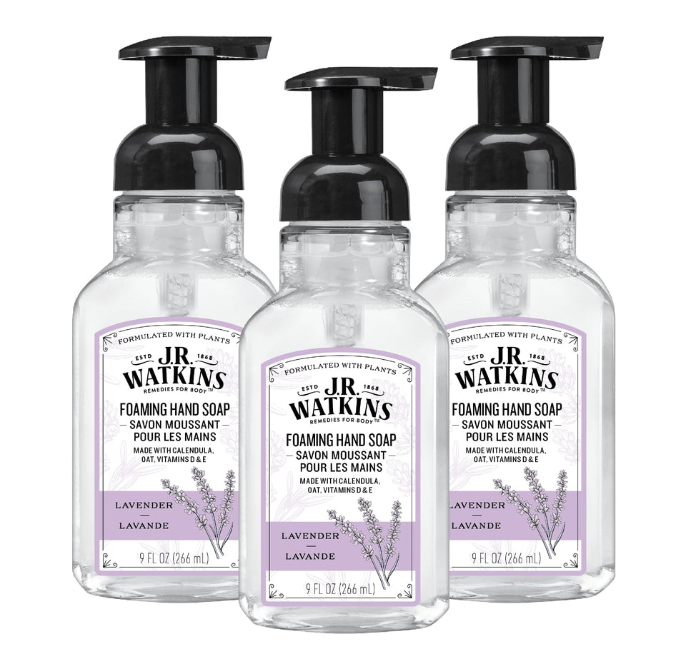 J.R. Watkins foaming hand soap with pump dispenser for gentle cleansing.
