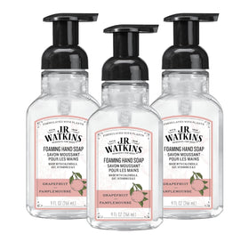 J.R. Watkins foaming hand soap with pump dispenser for gentle cleansing.