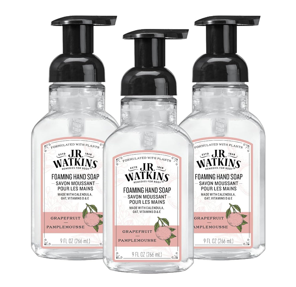J.R. Watkins foaming hand soap with pump dispenser for gentle cleansing.