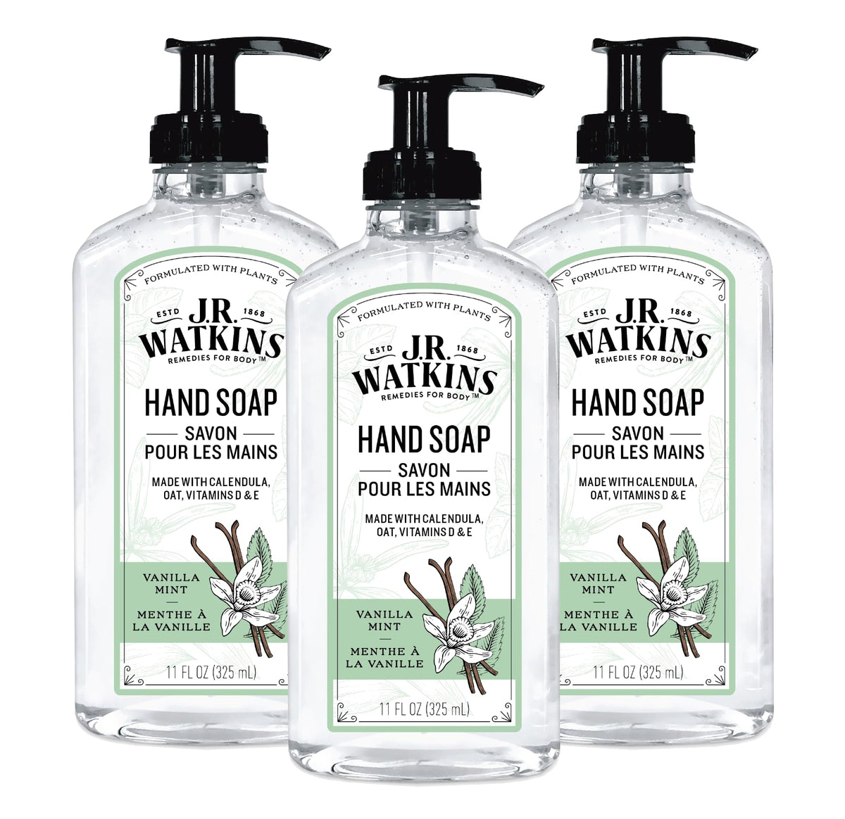 JR Watkins gel hand soap Vanilla Mint 3-pack delivers a refreshing scent for everyday handwashing.