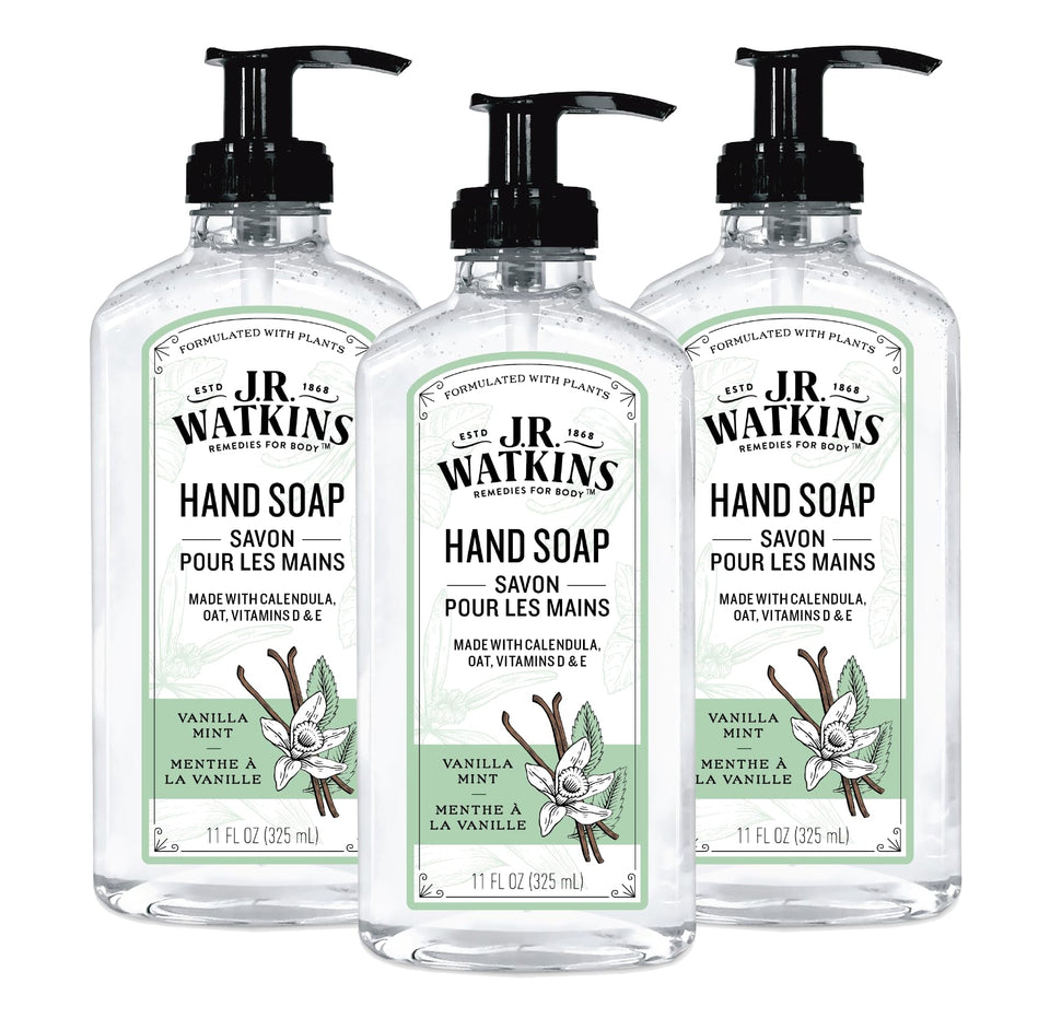 JR Watkins gel hand soap Vanilla Mint 3-pack delivers a refreshing scent for everyday handwashing.