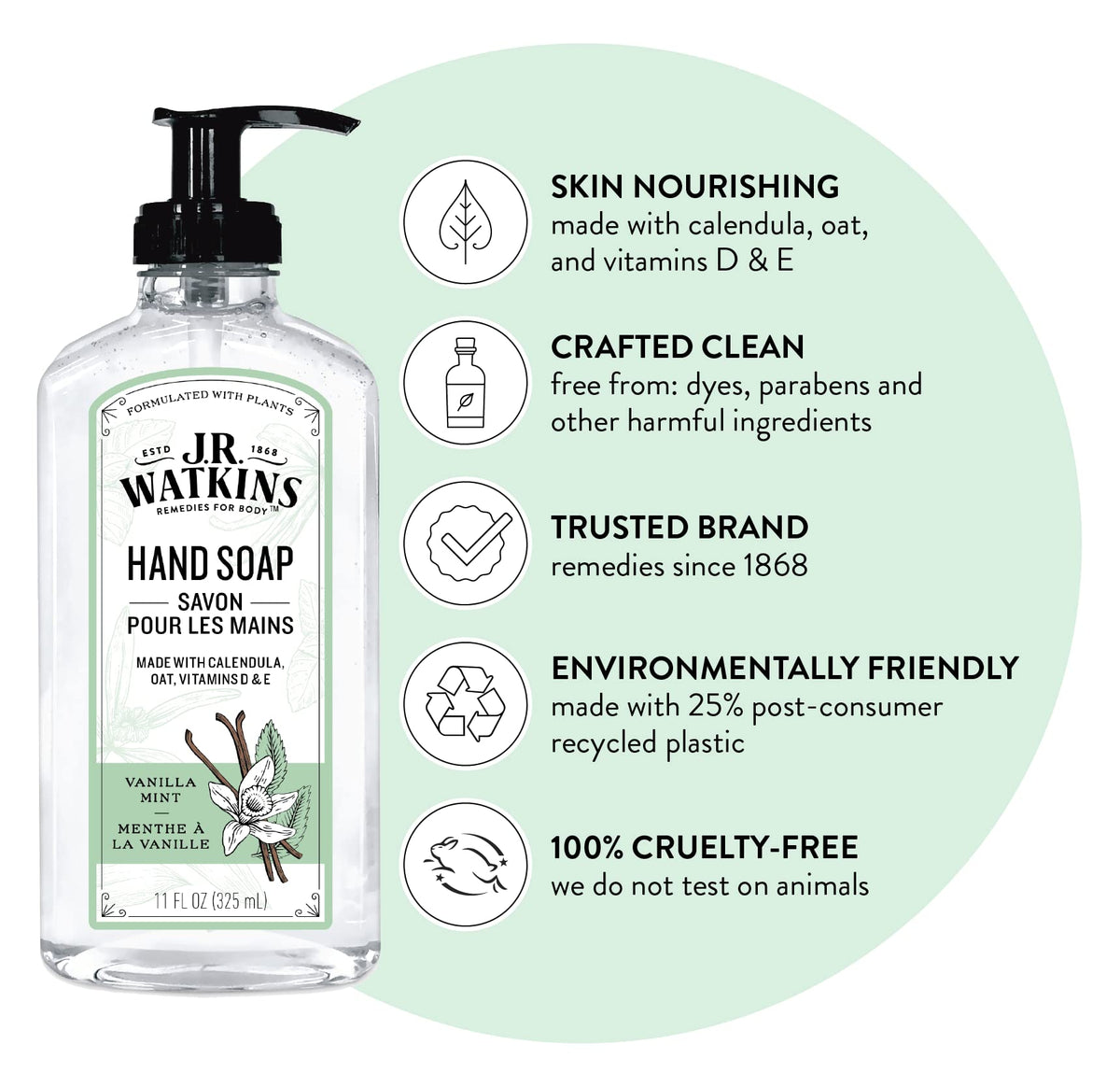 JR Watkins gel hand soap Vanilla Mint bottles showcase a convenient, soothing lather for kitchen or bath.