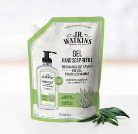 J.R. Watkins hand soap gel pump setup with Aloe Green Tea fragrance.