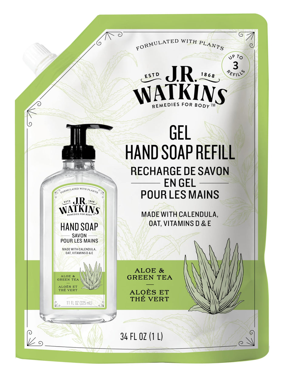 J.R. Watkins Aloe Green Tea refill bottle ready for convenient plant based cleansing.