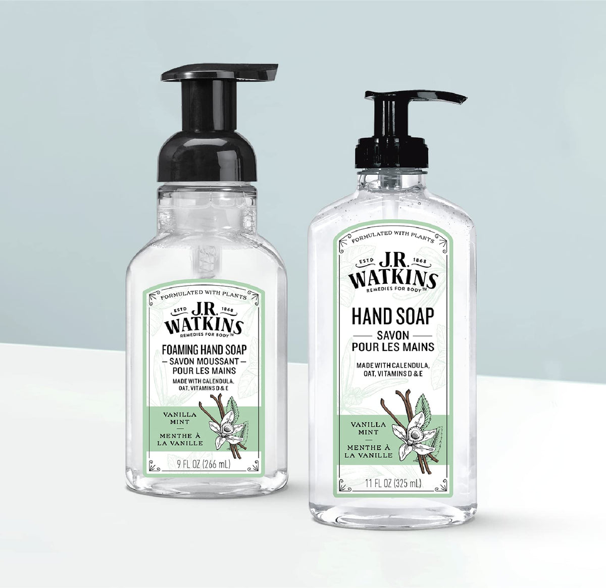 JR Watkins hand soap soft lather emphasizes gentle cleansing with plant based ingredients.
