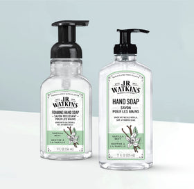 JR Watkins hand soap soft lather emphasizes gentle cleansing with plant based ingredients.