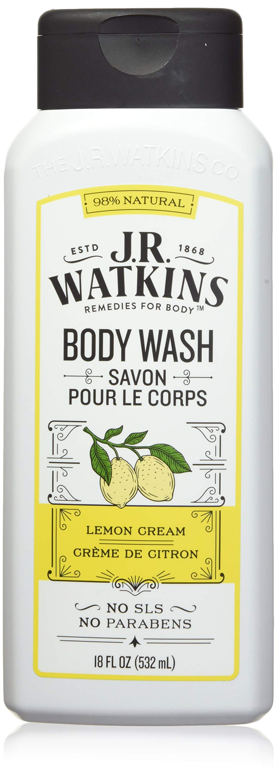 J.R. Watkins Lemon Cream Body Wash bottle showing gentle cleansing and refreshing scent