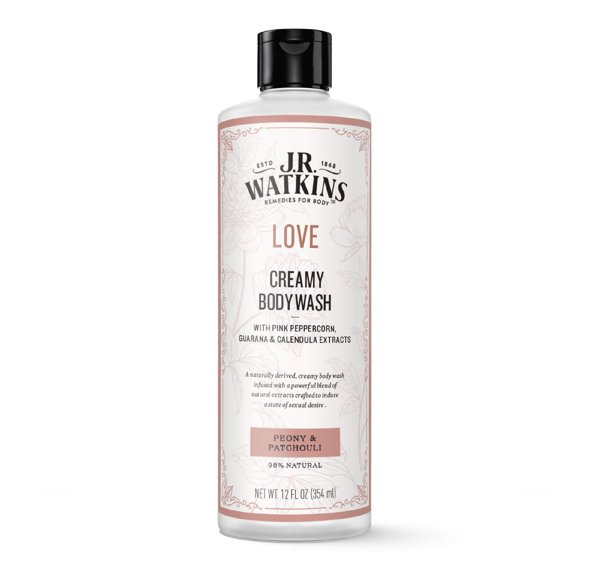 J.R. Watkins Love Creamy Body Wash bottle pour shows creamy cleansing.