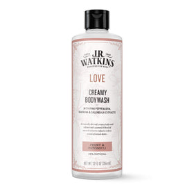 J.R. Watkins Love Creamy Body Wash bottle pour shows creamy cleansing.