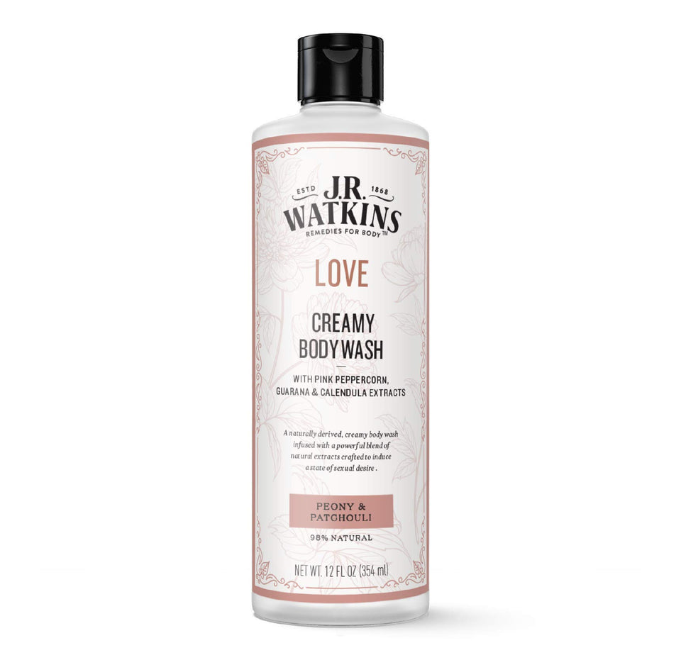 J.R. Watkins Love Creamy Body Wash bottle pour shows creamy cleansing.