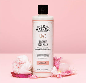 J.R. Watkins Love Creamy Body Wash packaging highlights cruelty-free formula.