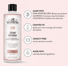 J.R. Watkins Love Creamy Body Wash texture close-up highlights rich foam.