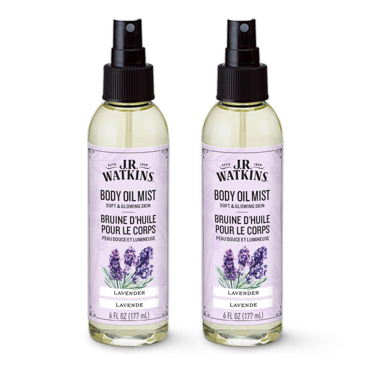 J.R. Watkins Lavender Body Oil Mist bottle delivering fast hydration.