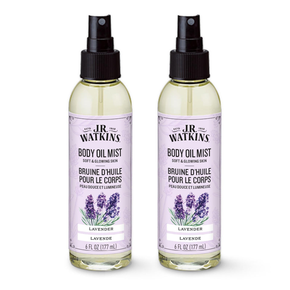 J.R. Watkins Lavender Body Oil Mist bottle delivering fast hydration.