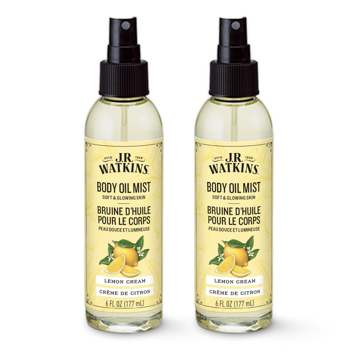 J.R. Watkins body oil mist Lemon Cream bottle showing soft, radiant skin after use.