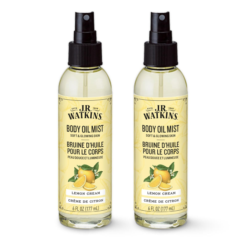 J.R. Watkins body oil mist Lemon Cream bottle showing soft, radiant skin after use.