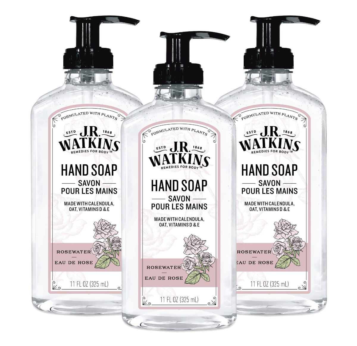 J.R. Watkins Rosewater gel hand soap bottle ready for use, gentle cleansing on contact