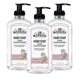J.R. Watkins Rosewater gel hand soap bottle ready for use, gentle cleansing on contact