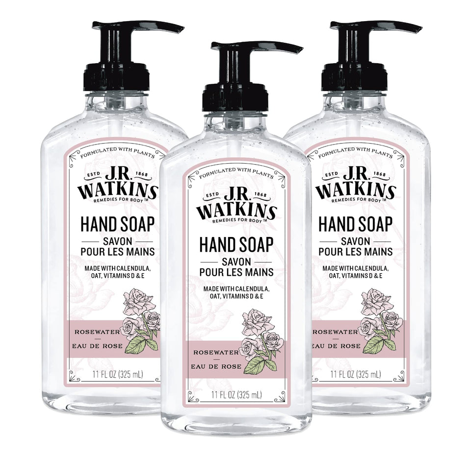 J.R. Watkins Rosewater gel hand soap bottle ready for use, gentle cleansing on contact