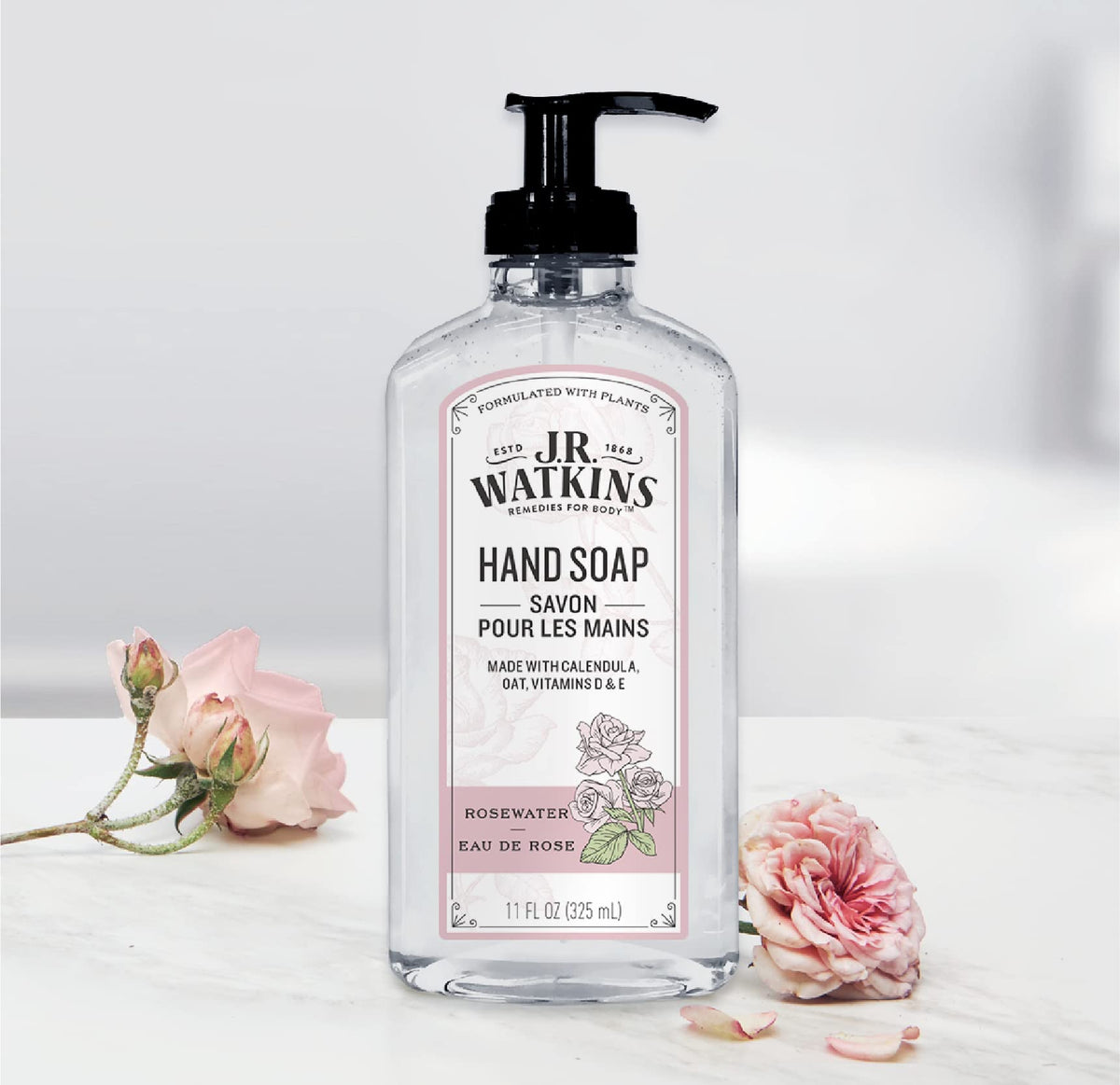 Label highlights plant-based ingredients in J.R. Watkins Rosewater hand soap