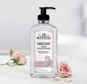 Label highlights plant-based ingredients in J.R. Watkins Rosewater hand soap