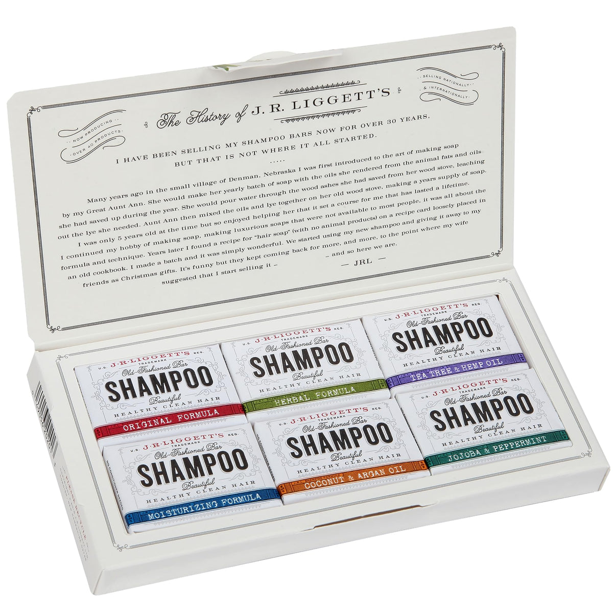 J.R.LIGGETT'S mini sampler pack-shot with six bars for versatile hair care