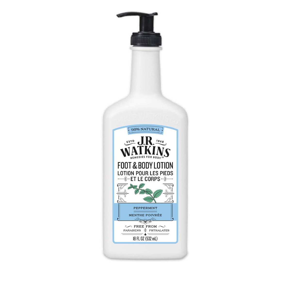 J.R. Watkins Peppermint Lotion bottle front highlighting hydration