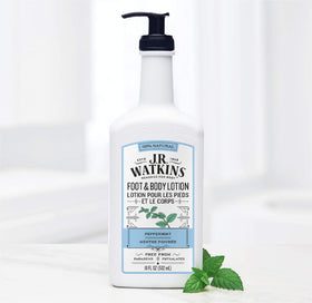 Label close-up of J.R. Watkins Peppermint Lotion showing clean formula