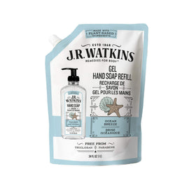 J.R. Watkins Ocean Breeze refill bottle on sink for daily hand cleansing