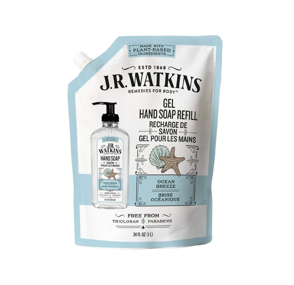 J.R. Watkins Ocean Breeze refill bottle on sink for daily hand cleansing