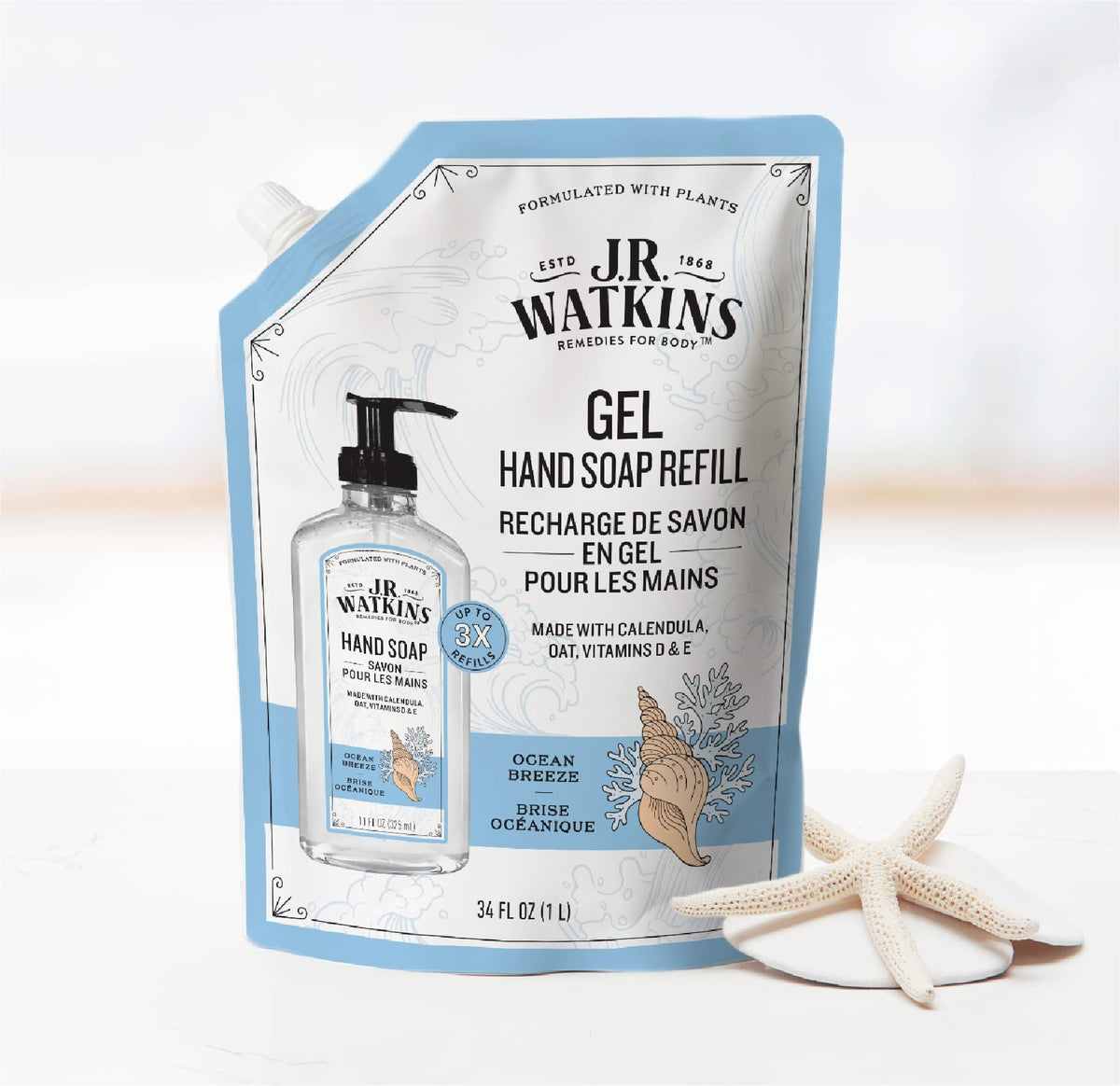 Ocean Breeze refill bottle on bathroom counter with clean aesthetic