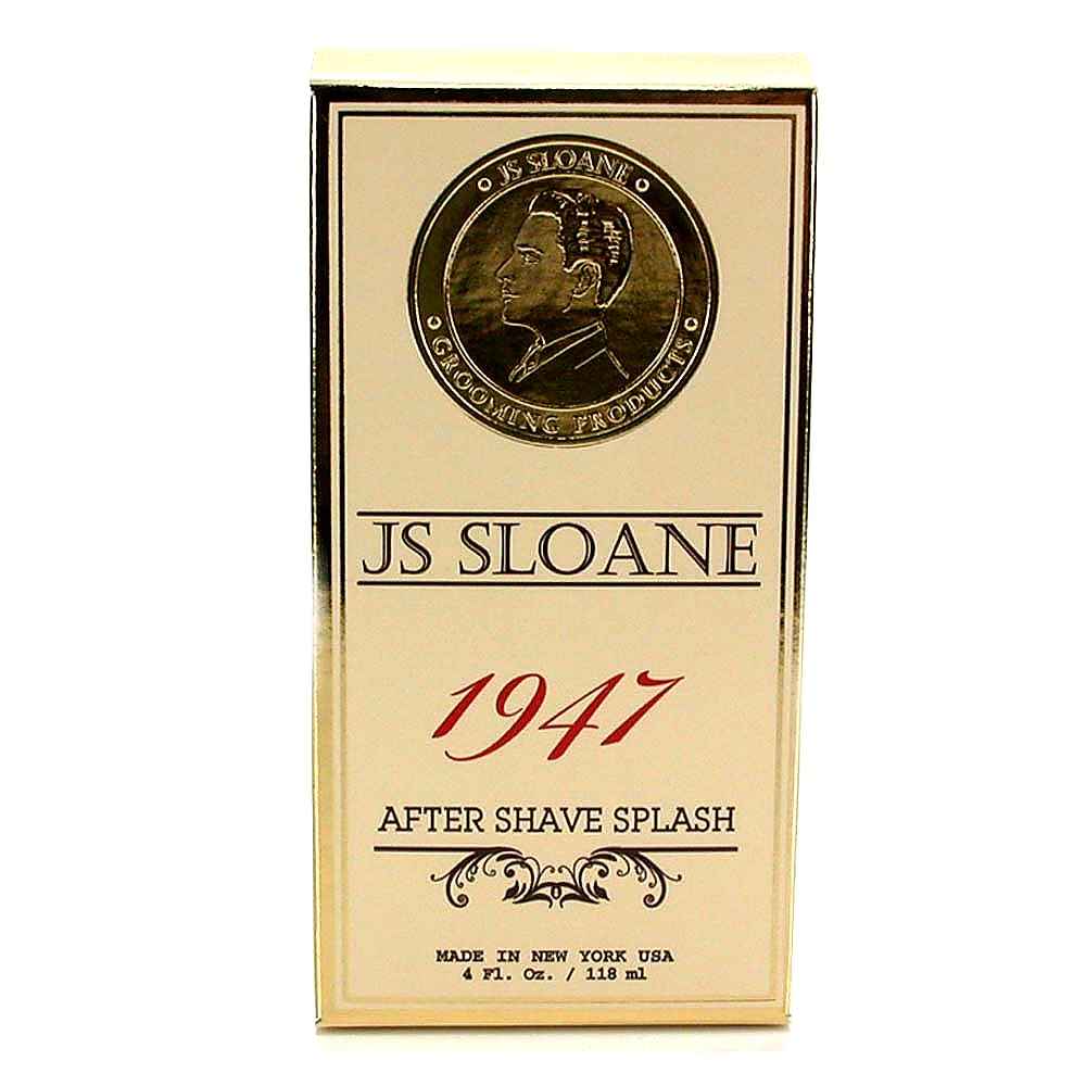 JS Sloane 1947 aftershave bottle being poured for instant post‑shave splash.