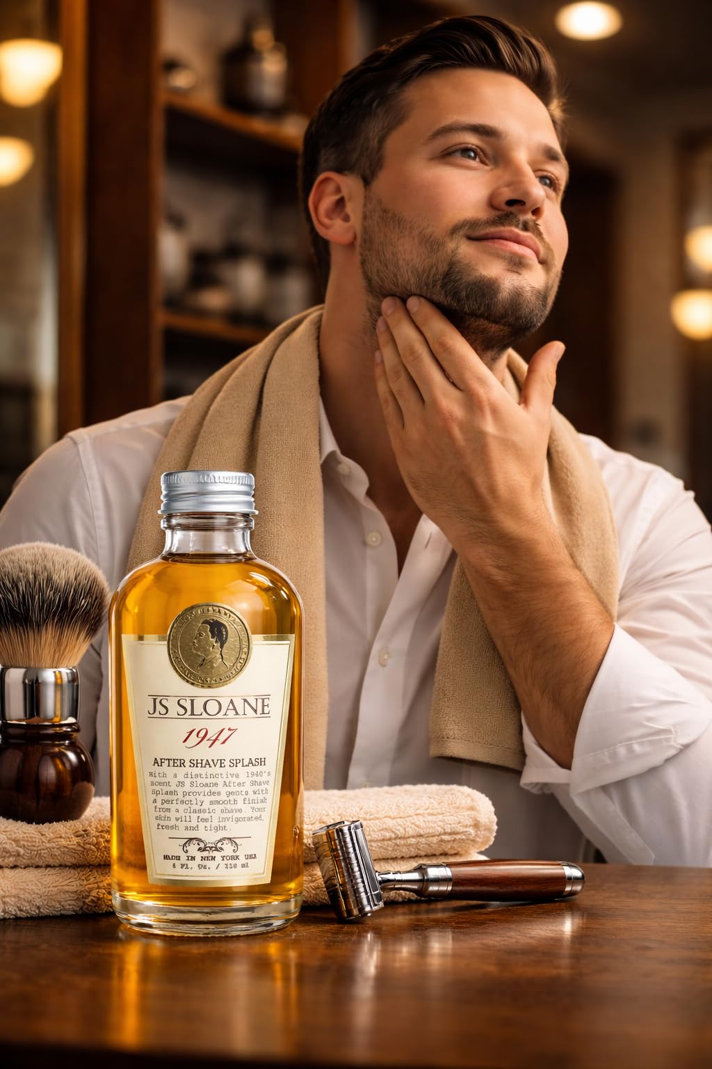 JS Sloane 1947 aftershave bottle cap close-up with premium grooming detail.