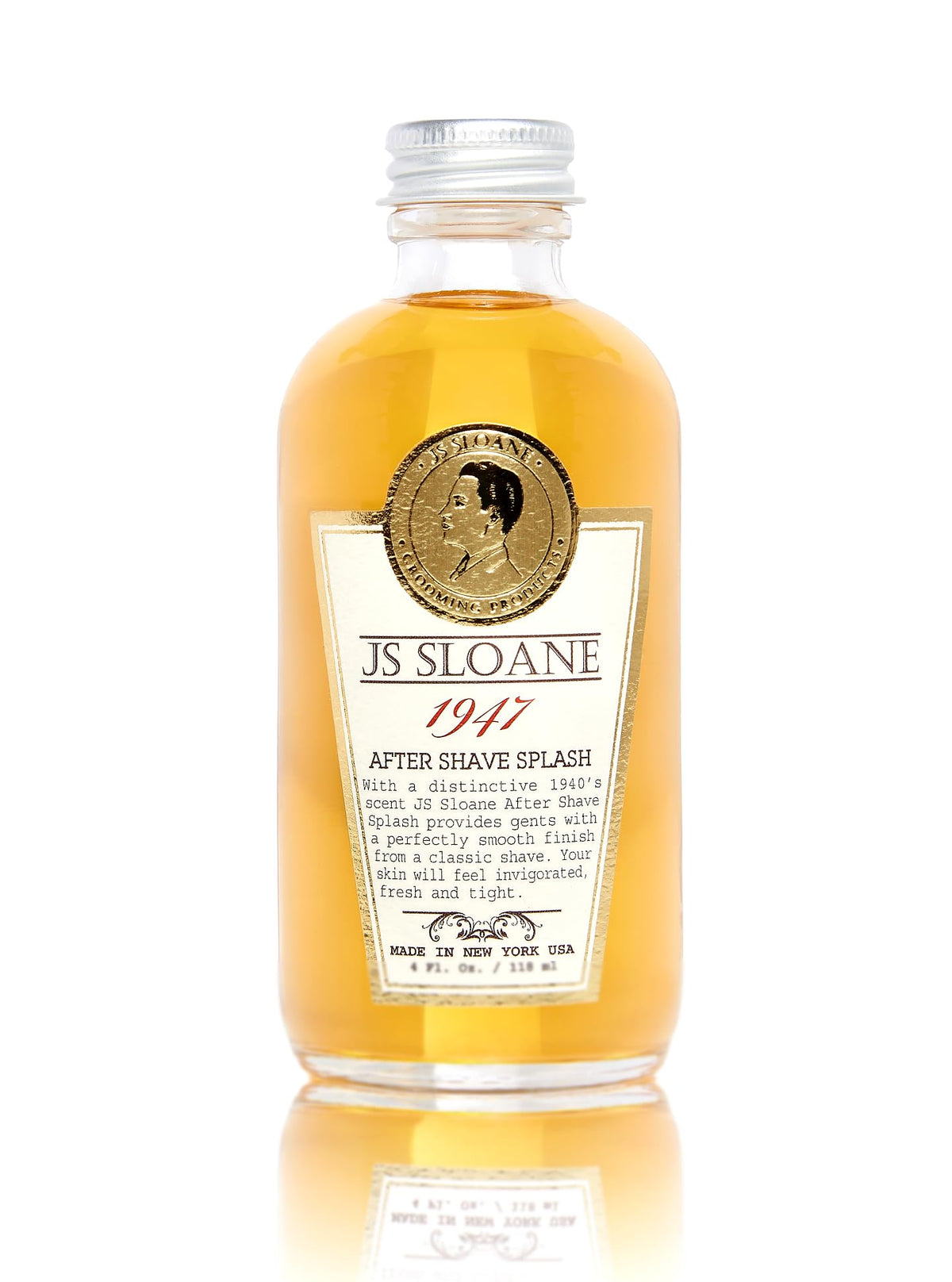 JS Sloane 1947 aftershave label close-up highlighting vintage barber heritage.