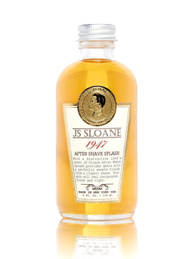 JS Sloane 1947 aftershave label close-up highlighting vintage barber heritage.