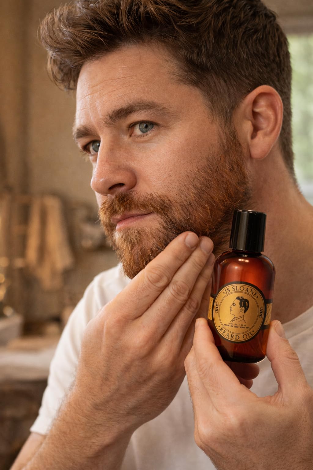 Application scene with JS Sloane beard oil showing easy daily grooming use