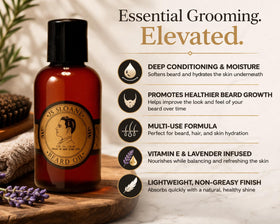 Closeup of JS Sloane beard oil drop highlighting lavender and vitamin E benefits